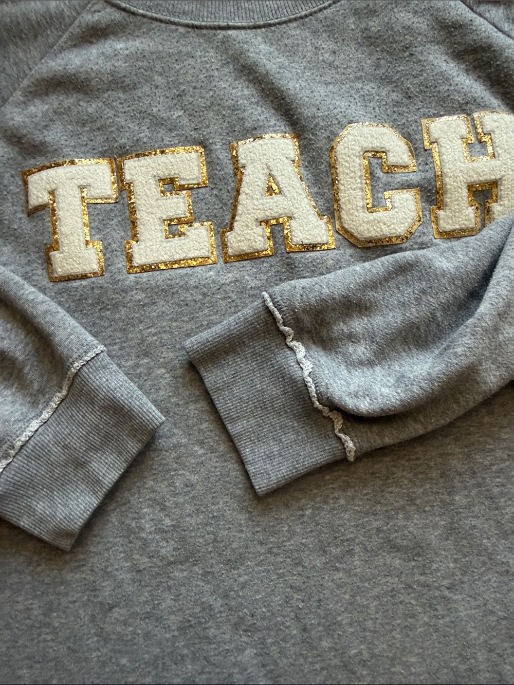 TEACH Varsity Chenille Patch Sweatshirt Gray Gold Glitter 2XL  secret treasures